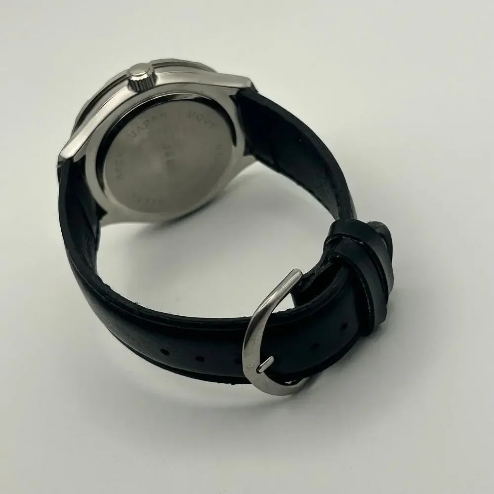 Sports Illustrated Silver Tone Rotating Bezel Black Leather Band Watch